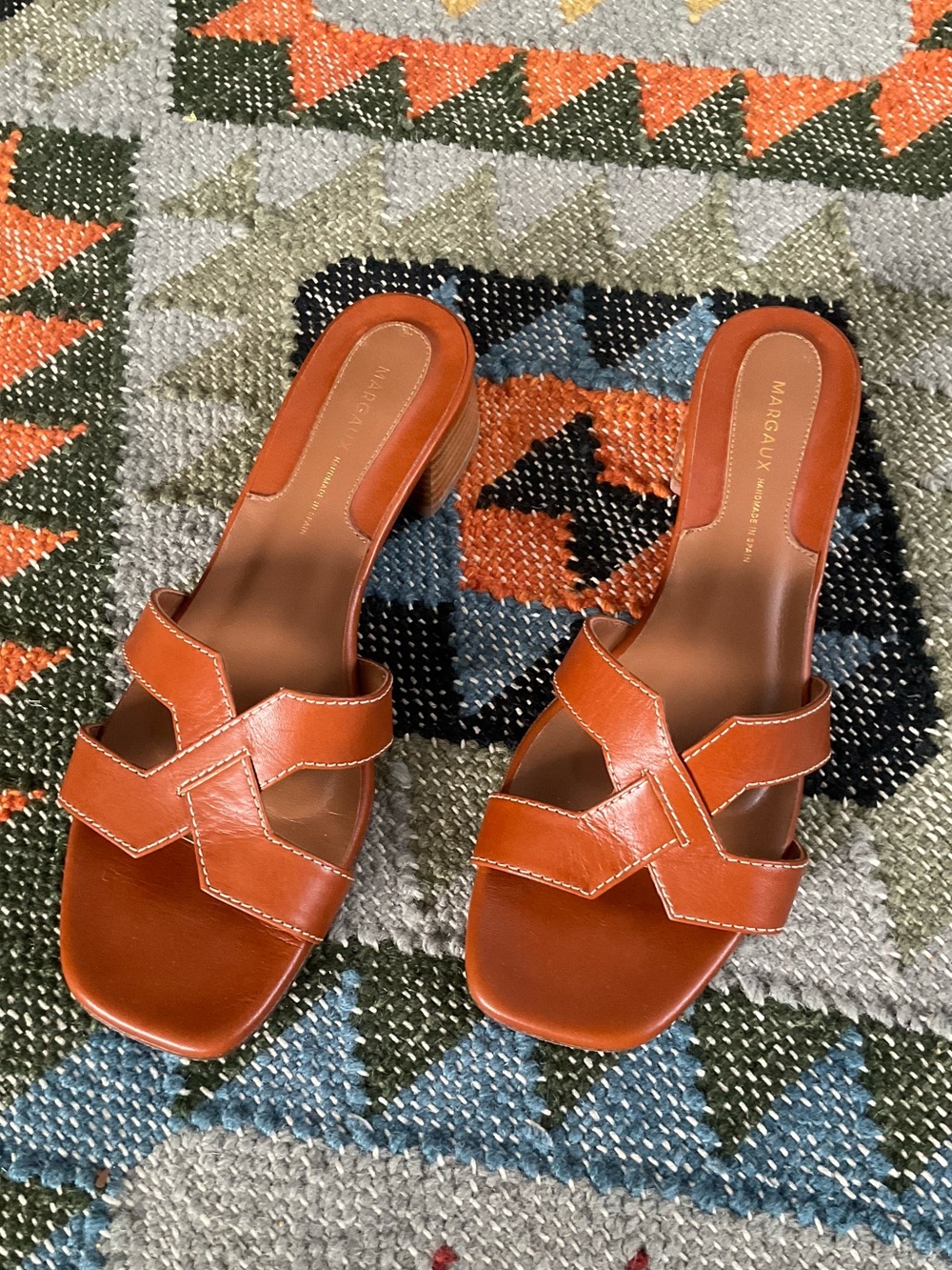 Like New Margaux MX 35 in Saddle Club Brown Leather Block Heel Slide Sandals